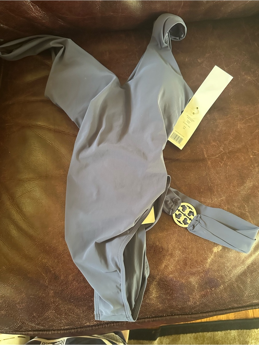 Tory Burch Slate Blue One-Piece Swimsuit with Silver Logo Accent